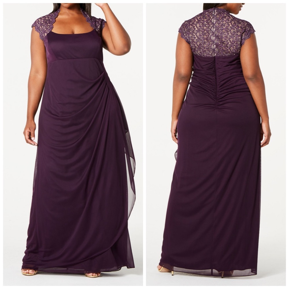 X by Xscape Deep Purple Long Lace & Chiffon Overlay Dress Plus Size 18W